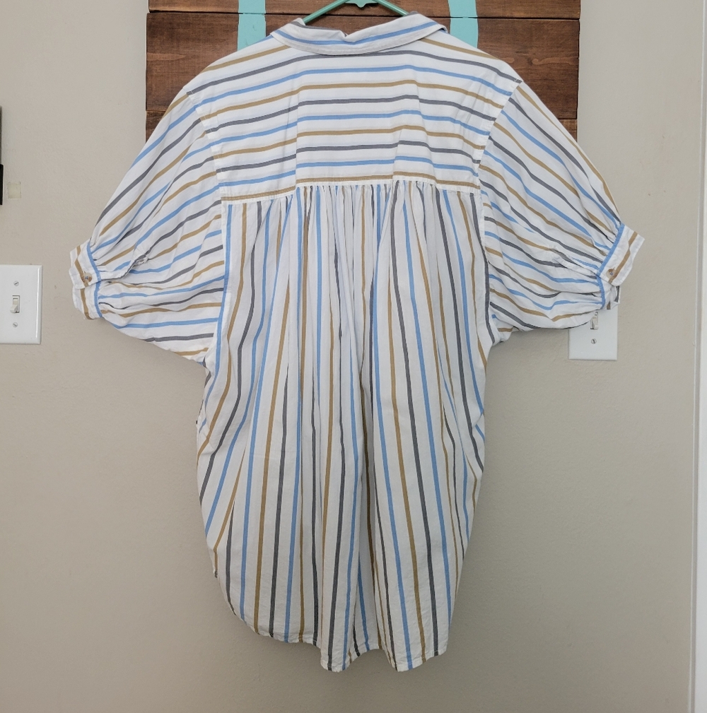 Pilcro Striped Oversized Puff Sleeves High Low Button Up Lightweight Top Size M - Picture 4 of 7